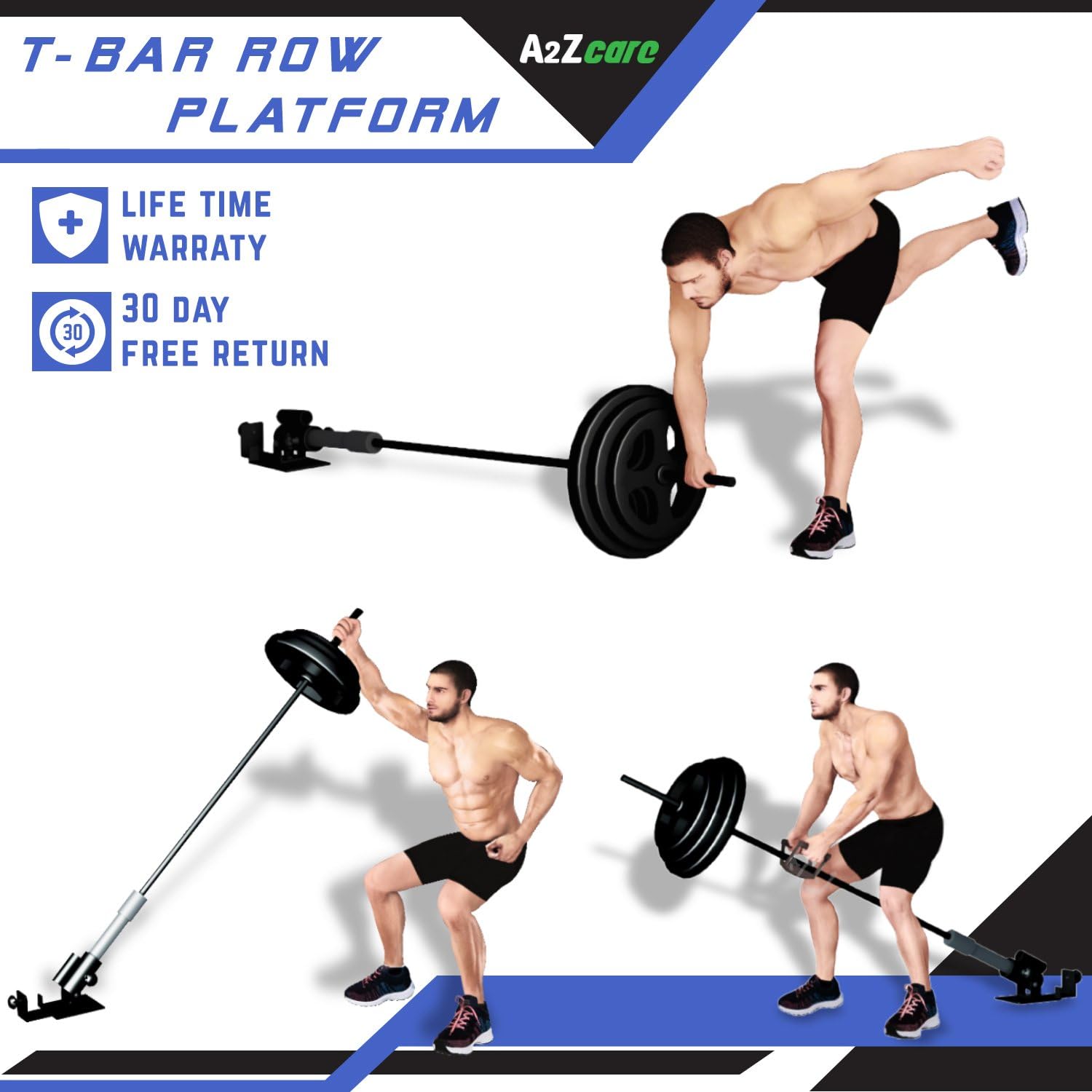 A2ZCARE Deluxe T-Bar Row Platform - Full 360° Swivel for Easy Use in Small Spaces – Fits 1” Standard & 2” Olympic Bars - Black : Sports & Outdoors