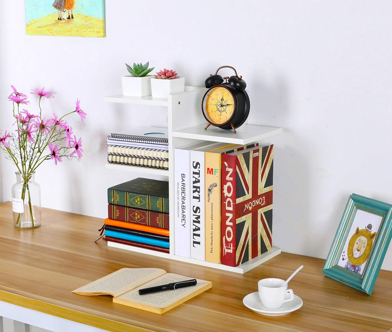 PAG Wood Desktop Shelf Small Bookshelf Assembled Countertop Bookcase Literature Holder Accessories Display Rack Office Supplies Desk Organizer, White: Furniture & Decor