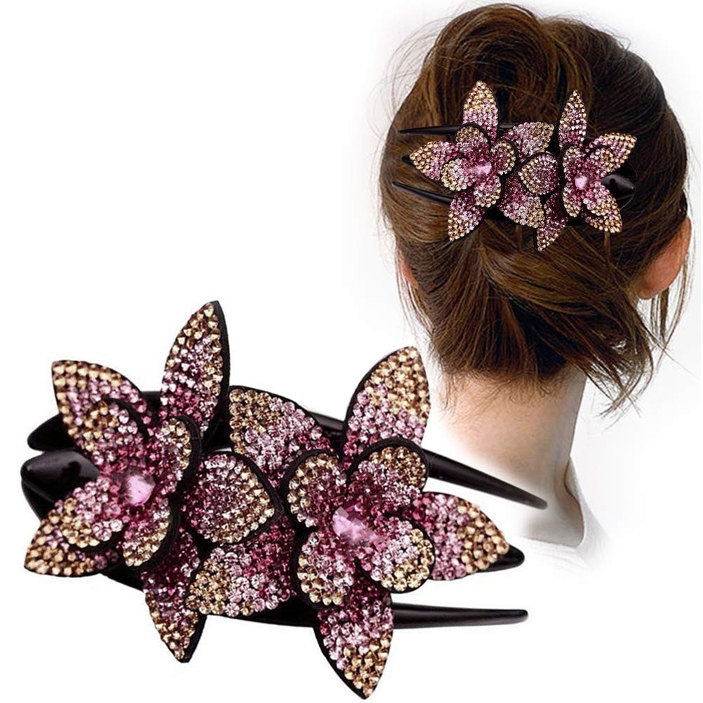 Double Flower Hair Clip Rhinestone Hair Tail Clip Flexible Hair Pin Metal Flower Rhinestone Women Fashion Hair Claw Clips