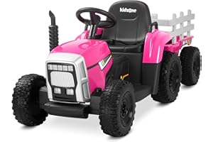 Kidzone 12V 7AH Premium Version with EVA Treaded Tires Dual 35W Motors Boost Power Torque Remote Control Powered Electric Tractor with Trailer Toddler Ride On Toy 3-Gear-Shift, 7-LED Lights, MP3