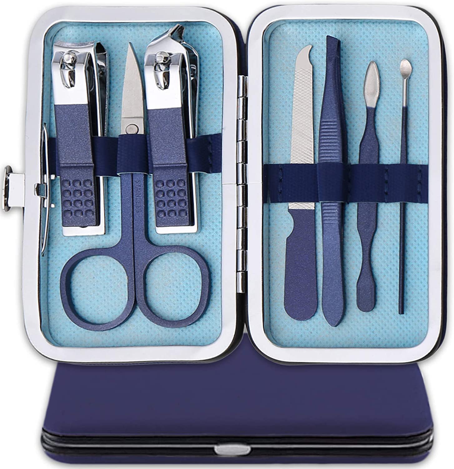 Nail Clipper Manicure Set, 7 In 1 Stainless Steel Professional Pedicure Kit Nail Scissors Grooming Kit with Black PU Leather Case for Travel & Home Use (Blue Leather)