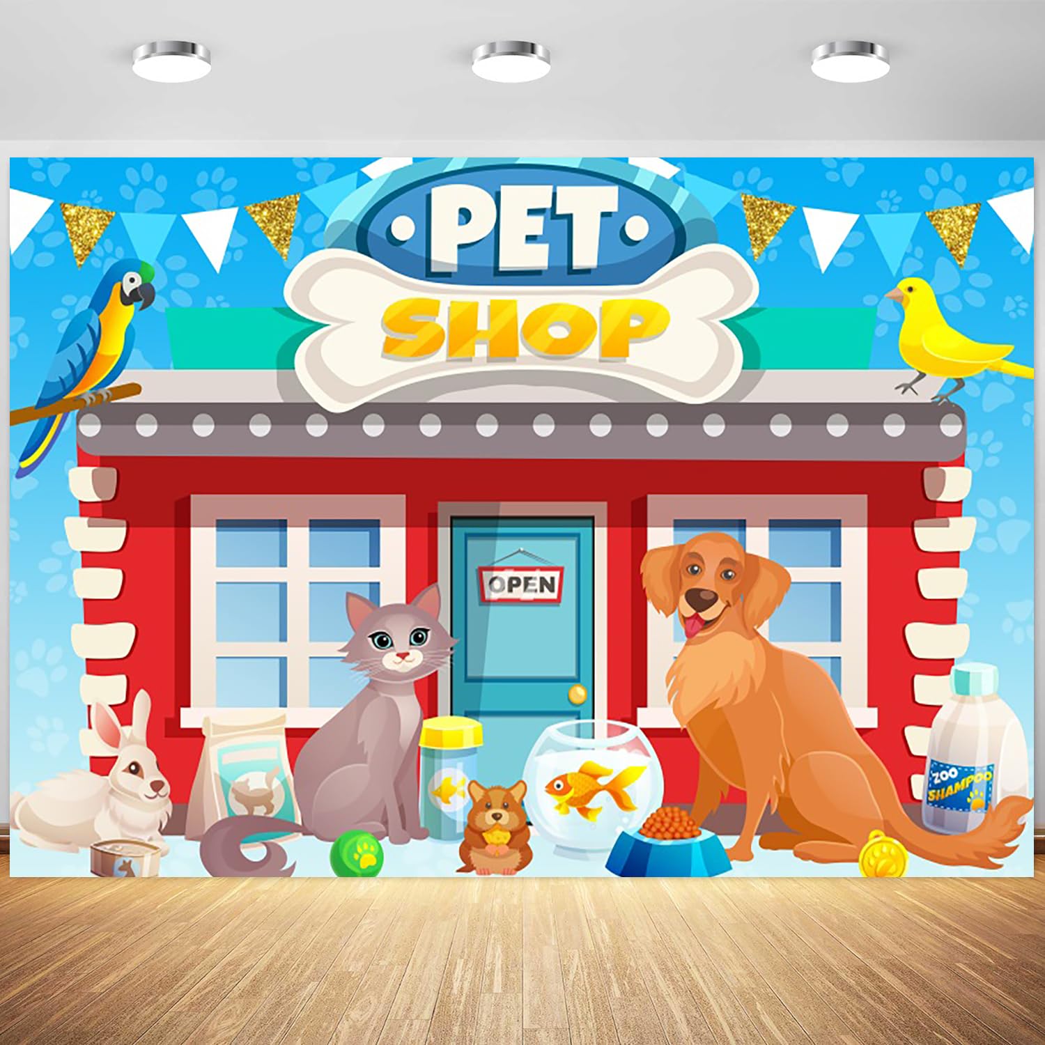 Photo 1 of 10x8ft Pet Shop Backdrop Cartoon Cats Dogs Birds Shop Photography Background Boys Girls 1st Birthday Party Decoration School Play Wallpaper Photo Booth Props