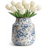 SincereLuxe Blue and White Ceramic Vase, Decorative Pottery Flower Vase for Tulips, Vintage Crackle Glaze Vase for French Country, Chinoiserie &amp; Cottage Farmhouse Shelf Mantel Table Decor