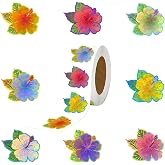 Xzentira 500Pcs Hibiscus Stickers Roll 1.5 Inch Hawaiian Flower Decals | 8 colorful hibiscus designs on premium paper stickers for crafts, envelopes, invitations, scrapbooks and tropical party decor