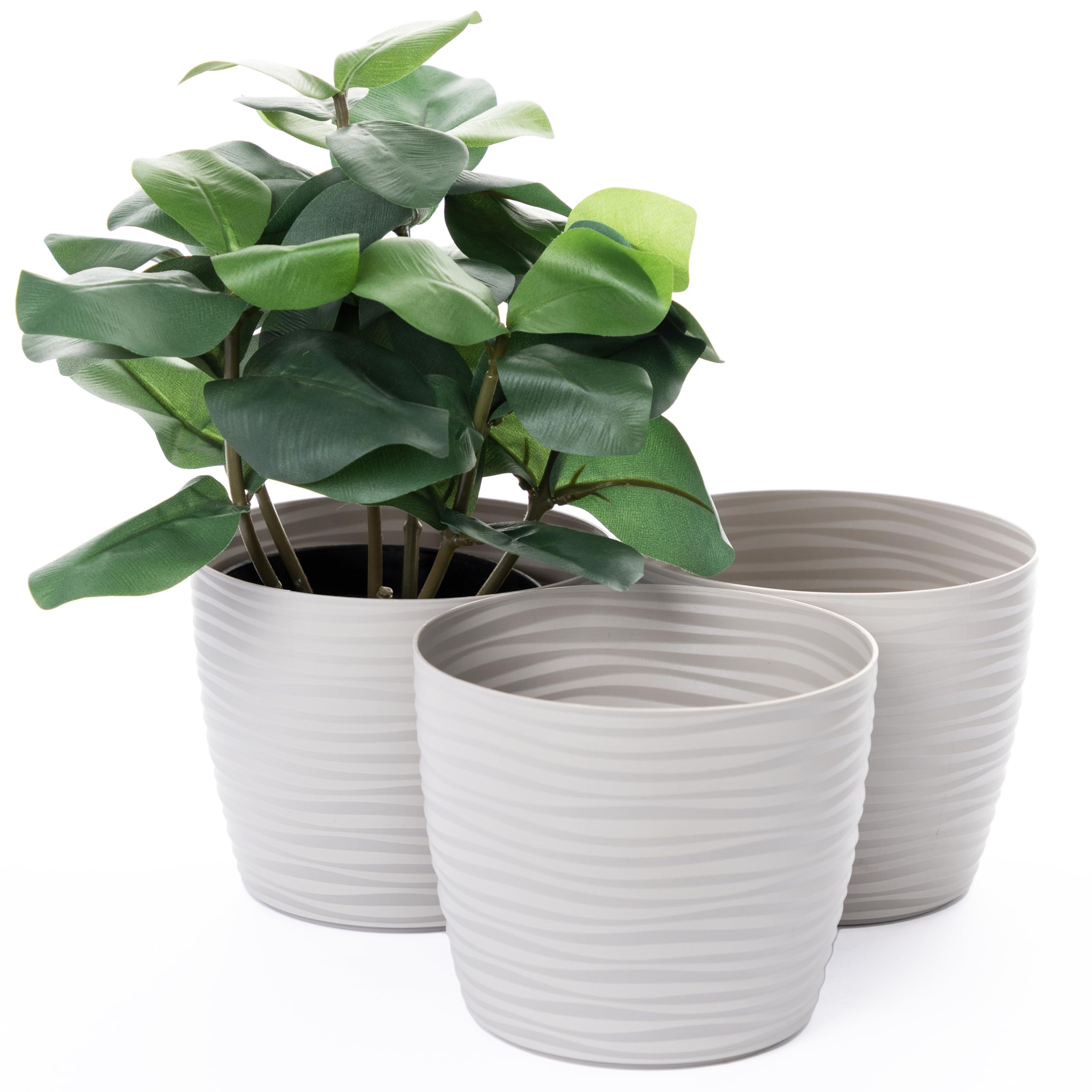 Home Garden Ornaments Plant Pots Indoor – Set of 3 Plastic Flower Pots, Unique Wave Design, No Drainage Holes, Indoor Plant Pot for Modern Home Décor (Grey, 15cm / 5.9 inch)