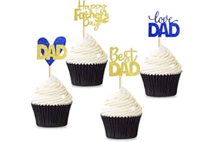 GIGA GUD 48 PCS Father's Day Cupcake Topper Happy Father's Day Blue Gold Glitter Cupcake Topper Birthday Party Cake Decorations Toppers Picks for Father's Birthday Party Birthday Celebrating Party Supply