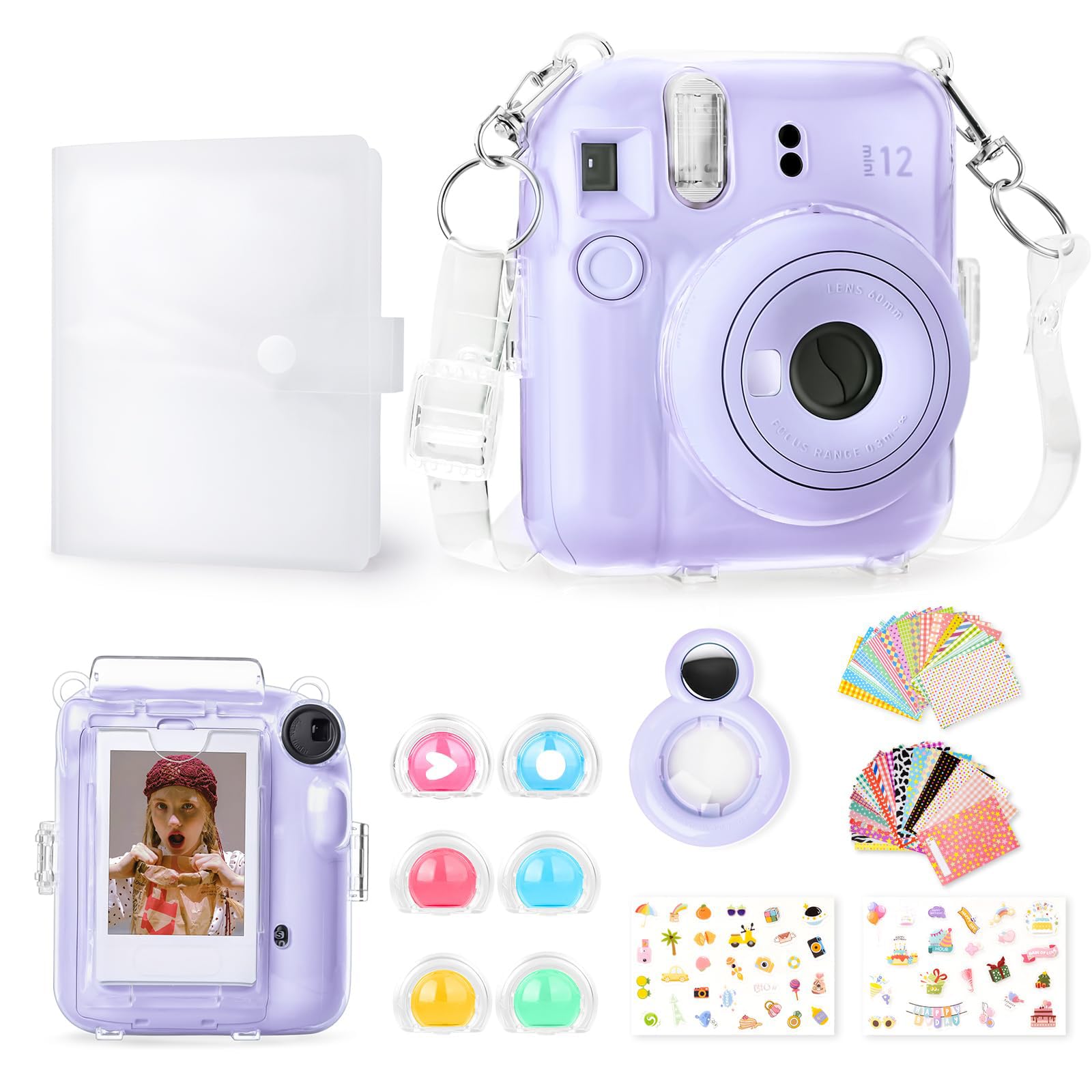Rieibi Accessories for Fujifilm Instax Mini Gift Bundle Includes Clear Case with Strap, Photo Album, Selfie Mirror, Stickers, Color Filter - Purple