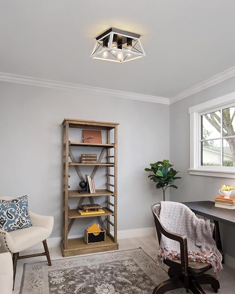 FARMHOUSE OAK WHITE FLUSH MOUNT 4-LIGHT INDUSTRIAL KITCHEN CEILING LIGHTS, RUSTIC FLUSH MOUNT FOR DINING ROOM, BEDROOM, HALLWAY, ENTRYWAY, FOYER
