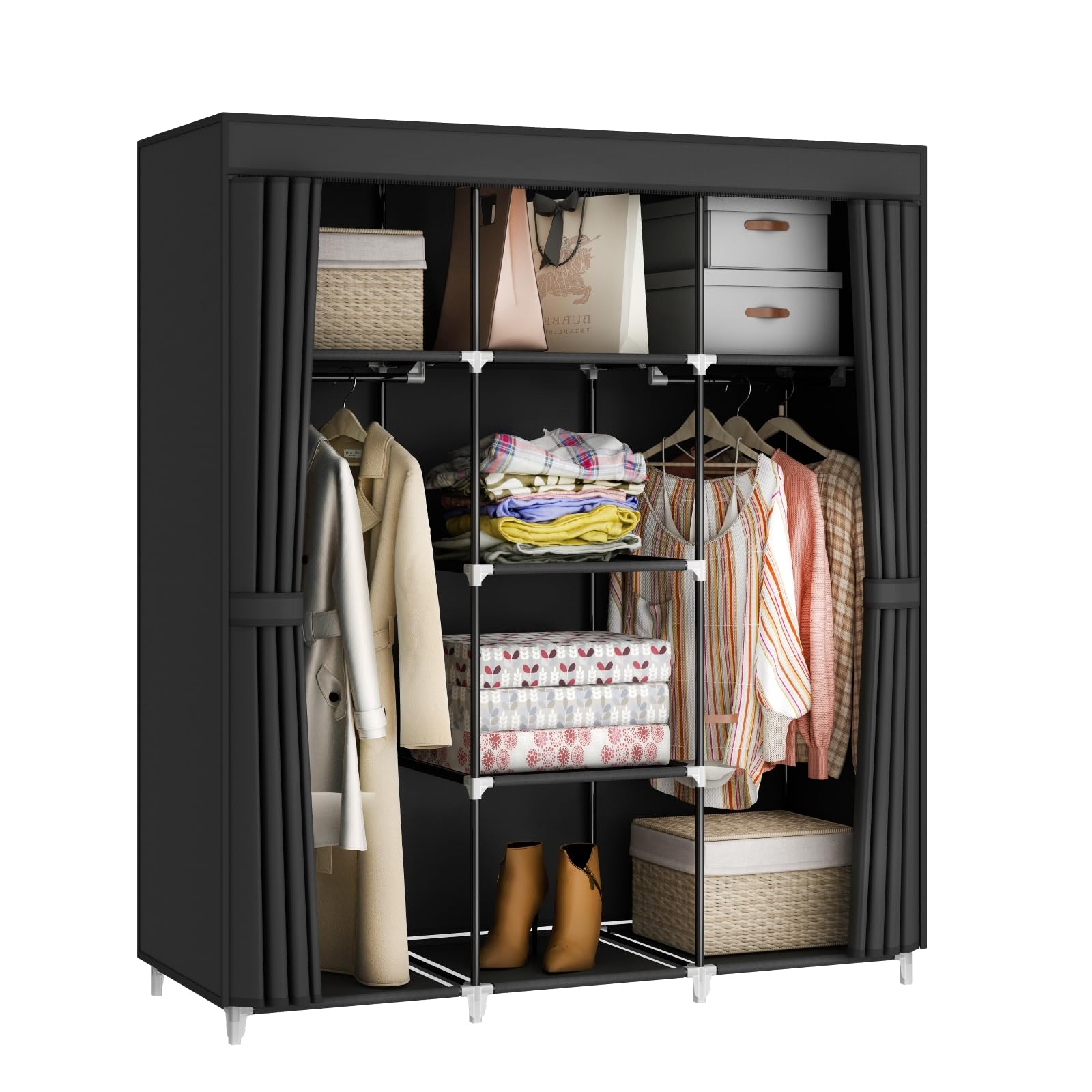 Photo 1 of MOGELAFOO Portable Closet Wardrobe, 51-Inch Clothes Organizer with 2 Hanging Rods and 8 Shelves, Non-Woven Fabric Cover, Medium Capacity Storage for Bedroom and Living Room, Black