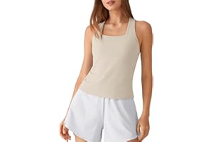 G4Free Ribbed Removable Built in Bra Workout Tank Tops Woman Racerback Square Neck Yoga Top Lightweight Athletic Tanks