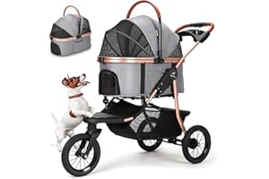 SKISOPGO Foldable Pet Jogger Strollers for Small Medium Dogs Cats, 3 in 1 Dog Jogging Stroller, No-Zip Dog Wagon Stroller with Detachable Carrier, Durable Rubber 3 Wheels for Travel (Grey)