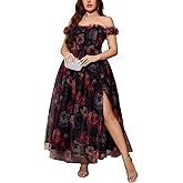 Women's Plus Size Formal Party Cocktail Dress, Wedding Guest Evening Gown with Slit - Off Shoulder Floral Tulle Maxi Dress