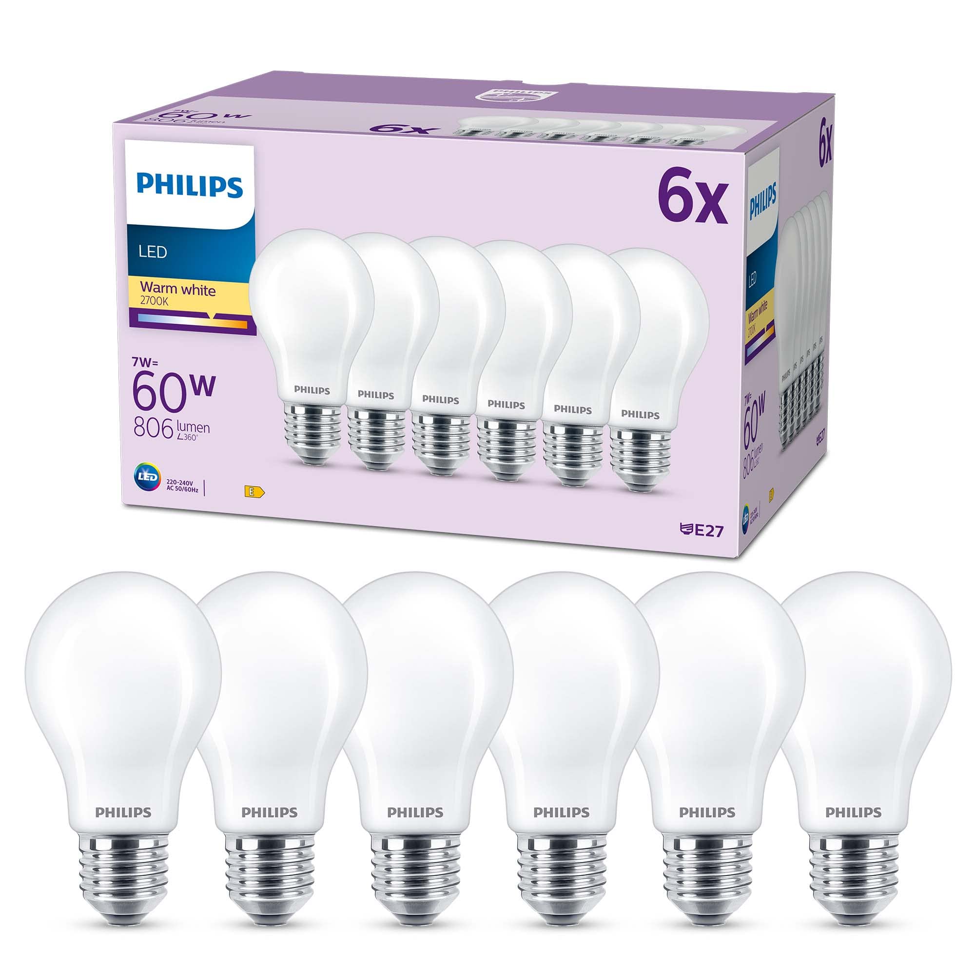 Philips LED Frosted A60 Light Bulb 6 Pack [Warm White 2700K - E27 Edison Screw] 60W, Non Dimmable. for Home Indoor Lighting — image 1