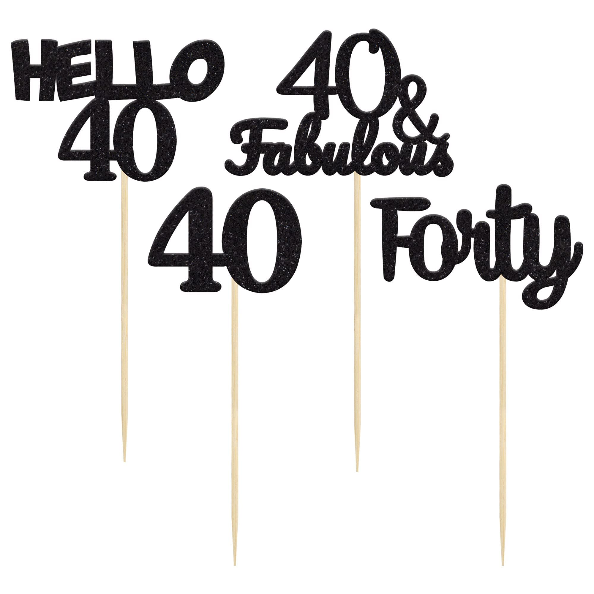 Gyufise 24Pcs Black Glitter 40th Birthday Cupcake Toppers Hello 40 Forty Cake Decorations 40 & Fabulous Cupcake Picks for 40th Birthday Cake Decorations Supplies