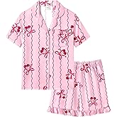 SWOMOG Girls Pajamas Silk Satin Pajama Set Short Sleeve Button Down Sleepwear Soft Cute PJs with Ruffle Shorts Loungewear