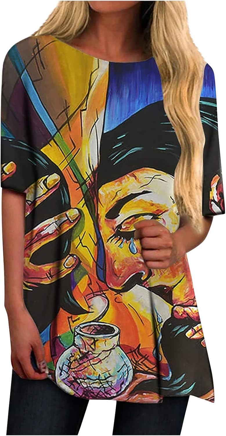 Amazon.com: Women Shirt Abstract Print Short Sleeve Tops, Casual Large