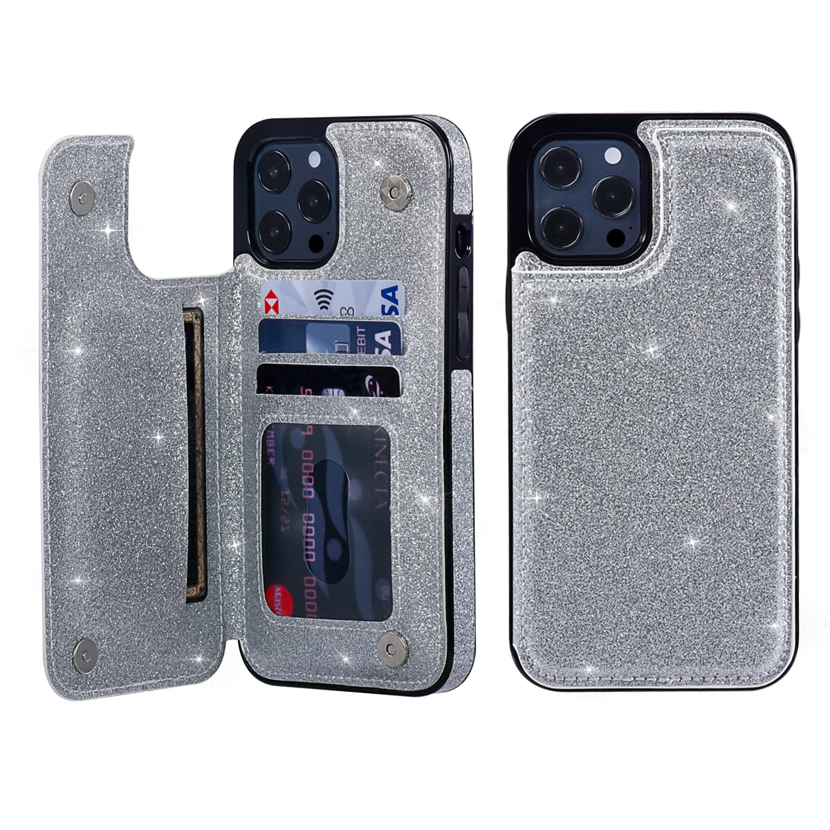 UEEBAI Case for iPhone 13 Pro 6.1 inch, Premium Glitter PU Leather Case Back Wallet Cover [Two Magnetic Clasp] [Card Slots] Stand Function Durable Shockproof Soft TPU Case - Silver — image 1