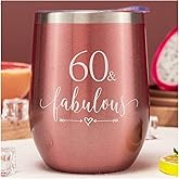 Crisky Rose Gold 60 & Fabulous Wine Tumbler for Women 60th Birthday Gifts for Women, Wife, Mom, Sister, Aunt, Friends, Coworker Her, Vacuum Insulated Coffee Cup,12oz with Box, Lid, Straw