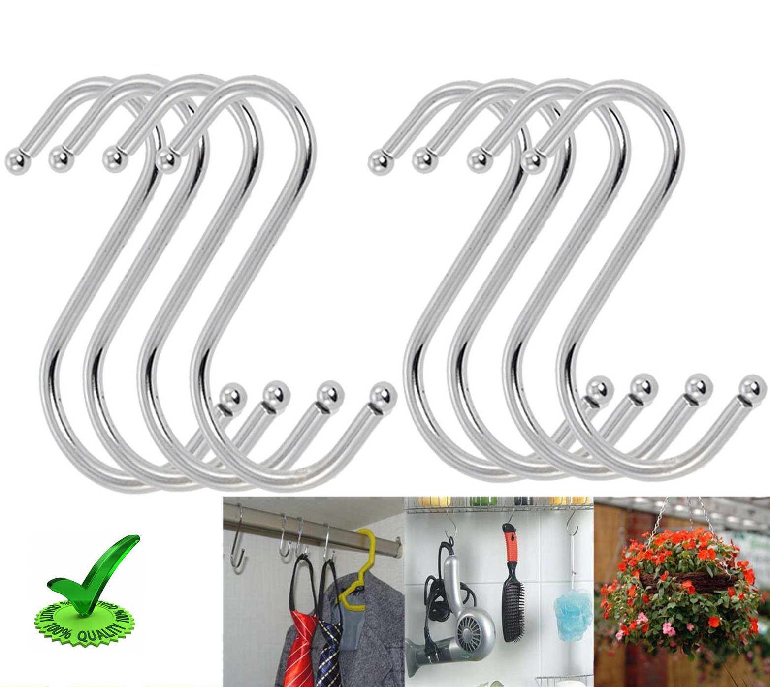 10x New Chrome S Hooks for Butcher Kitchen Rack, PAN Hanger, Hanging Rail (78mm Ball Ends)