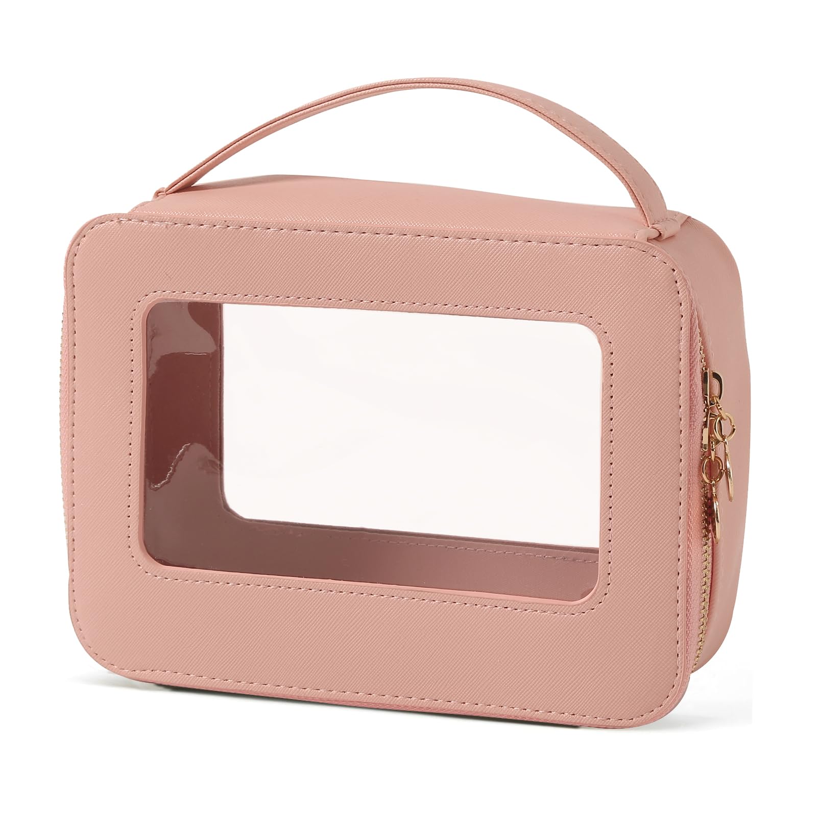 Clear Makeup Bag Cosmetic Organizer Case with Handle Large Travel Toiletry Bag Zipper Skincare Pouch for Purse Essentials Waterproof Car Bag for Women Pink