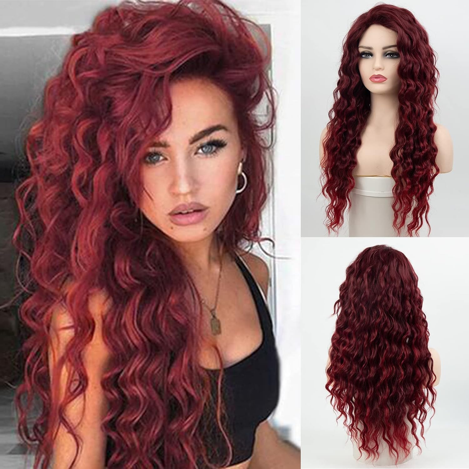 Beweig Long Curly Wavy Wine Red Wig for Women Side Part Burgundy Natural Looking Cosplay