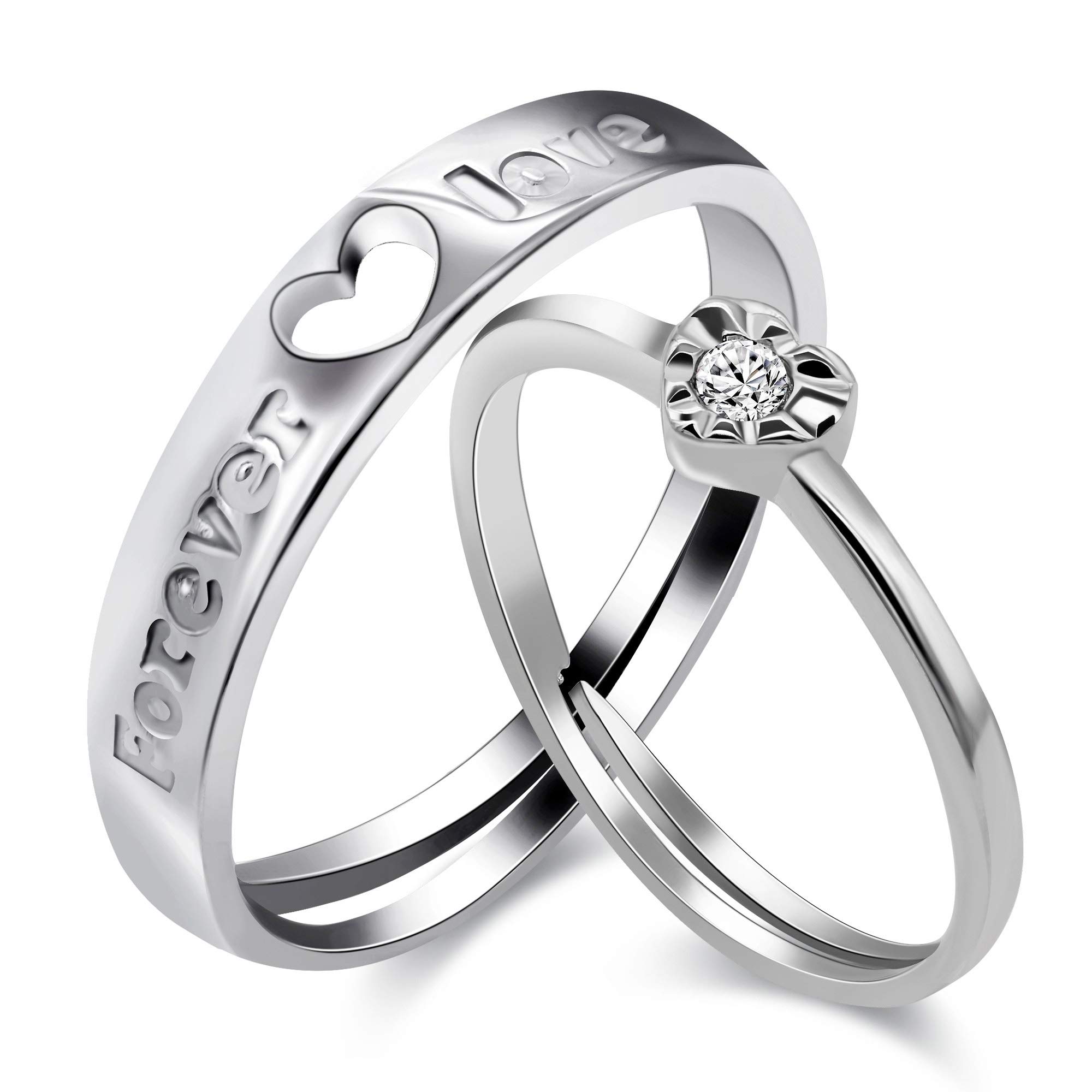 Uloveido 1 Pair Couple Love Heart Wedding Engagement Adjustable Ring Set Platinum Plated Ring for Boyfriend and Girlfriend Valentine J486 — image 1