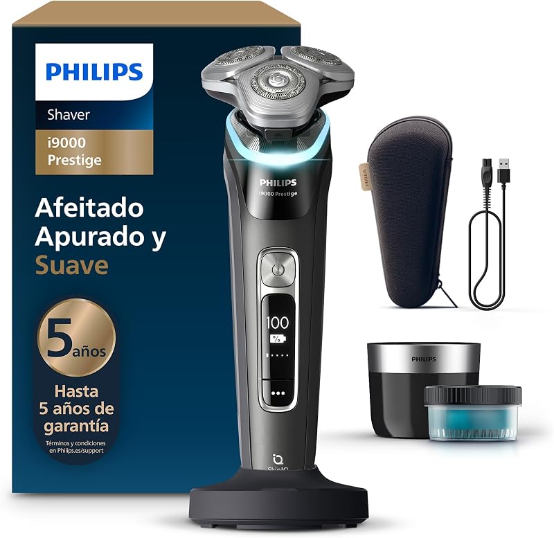 i9000 Prestige, Afeitadora Eléctrica Hombre, Máquina de Afeitar Barba en Seco y Húmedo, Tecnología SkinIQ, Base de Carga, Recargable, Estuche de Viaje, Centro de limpieza, XP9207/30