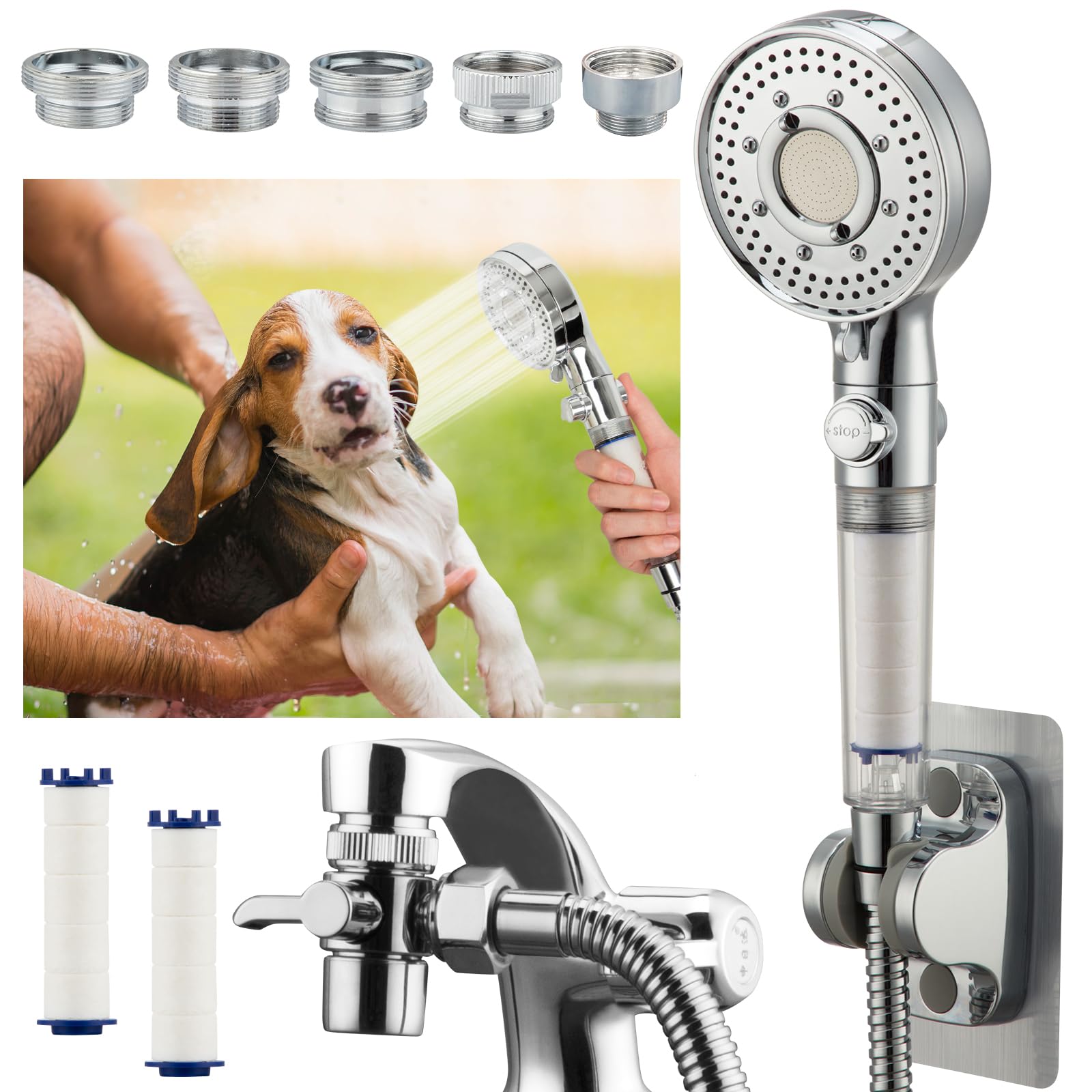 Photo 1 of *** DAMAGE TO THE BOX *** Klleyna Filter Dog Shower-Attachment for Bathtub-Faucet - ON/OFF Shower Head Attaches to Tub Spout, Pet Wash Hose Sink Sprayer (5 Adapters), Bathroom Kitchen Tap Extension for Hair Washing & Baby Bath