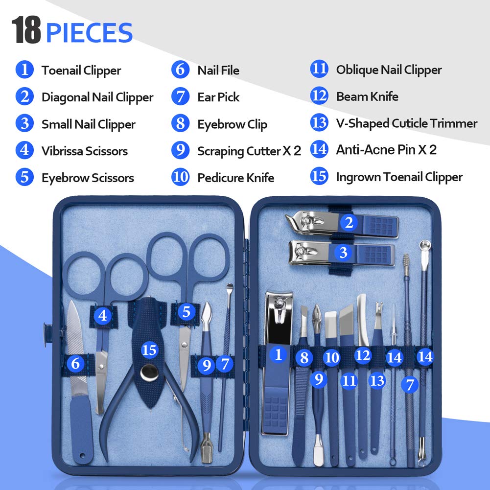 Manicure Set, Pedicure Kit, Nail Clippers, Professional Grooming Kit, Nail Tools 18 in 1 with Luxurious Travel Case for Men and Women 2020 Upgraded Version Blue : Beauty