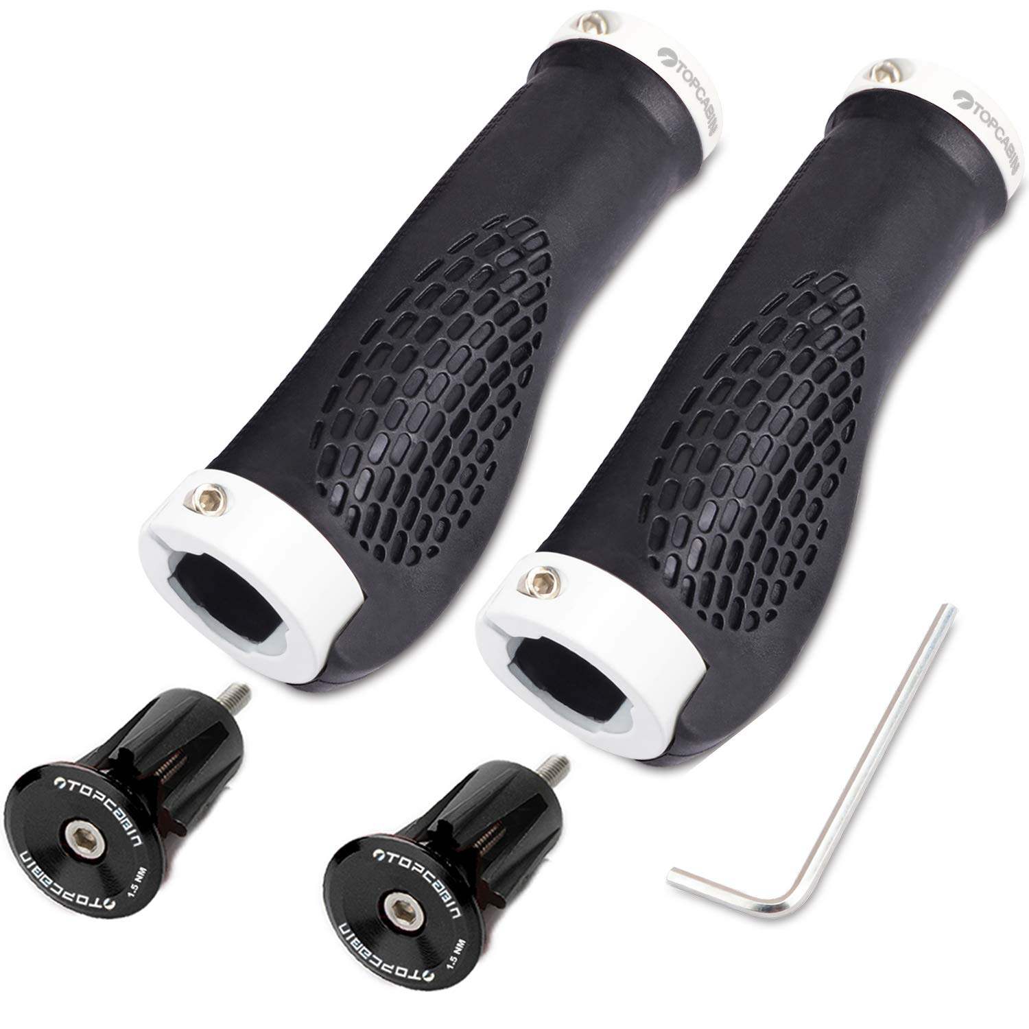 TOPCABIN Ergonomic Design Bike Grips,Double Lock on Locking Bicycle Handlebar Grips Cycle Bicycle Grip for Mountain Bike BMX ((Aluminum lock plug+Grips) White)