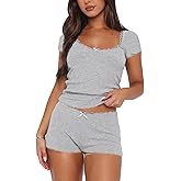 RUEWEY Women 2 Pieces Lounge Sets Lace Trim Short Sleeve Tops and Shorts Ribbed Knit Pajamas Set Outfits