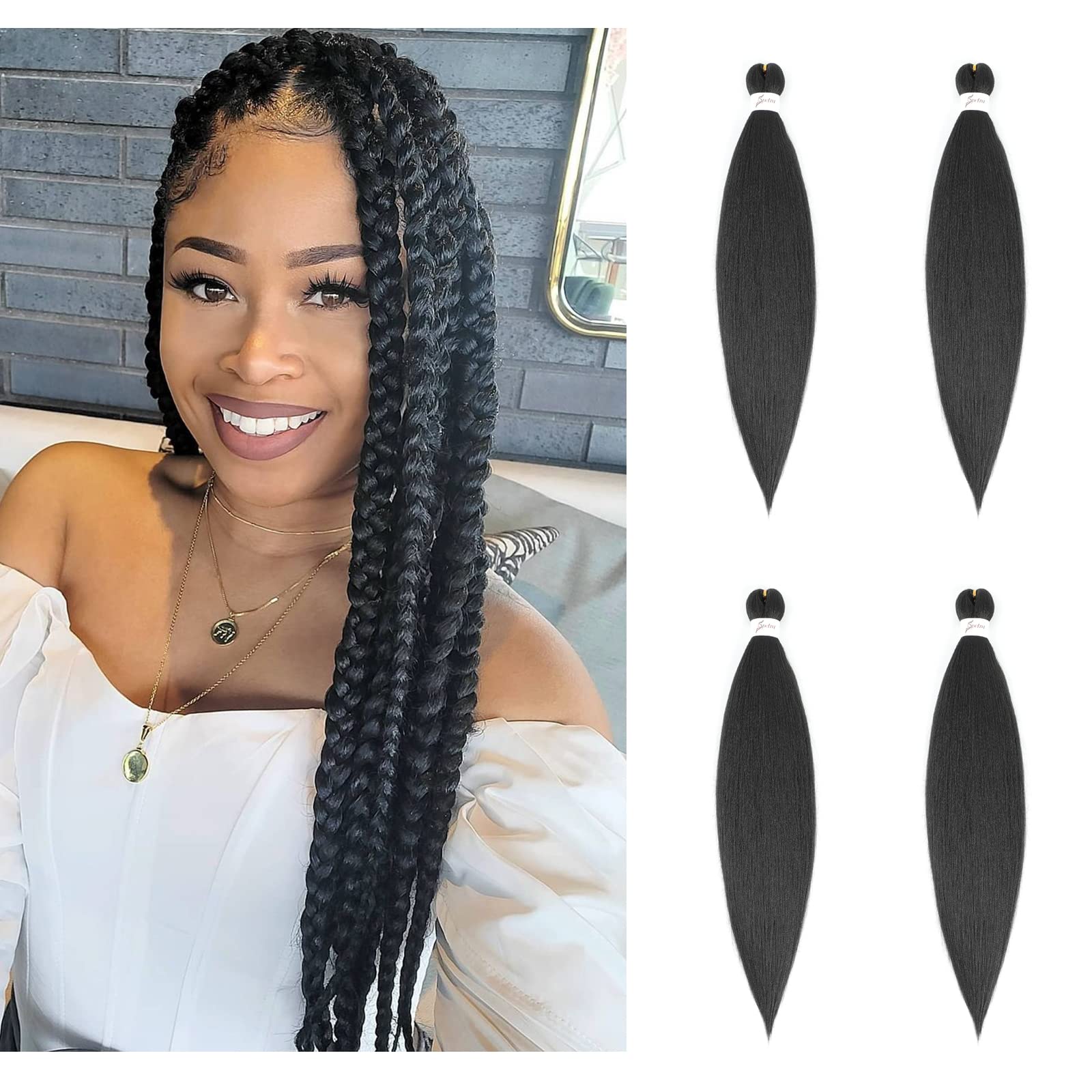 X-Tress 4 Packs Braiding Hair Extension Easy Braids 24 inches Pre-Stretched Yaki Texture Hot Water Setting Fiber Light Weight Crochet Color Black Box Braids African (#1B) — image 1