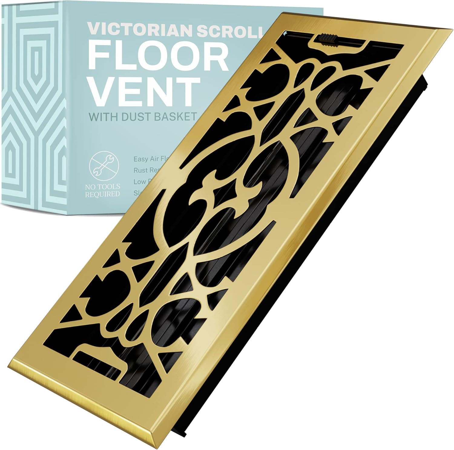 Registers, Grilles & Vents - Home Intuition Victorian Scroll 4x14 Inch Decorative Floor Register Vent with Mesh Cover Trap, Polished Brass