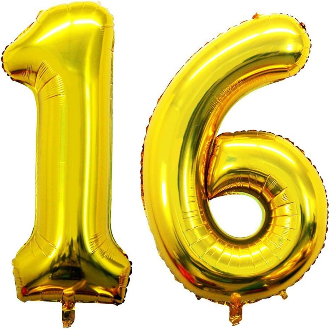 Ouinne Number 16 Foil Balloons, 16th Birthday Helium Foil Balloons 40inch for Surprise Party (Gold)