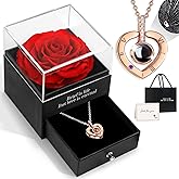 HEGUD Preserved Real Rose for Valentines Day Gifts with I Love You Necklace in 100 Language, Eternal Flowers Rose Valentines Gifts for Women Her Mom Wife Girlfriend Grandma-Red