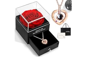 HEGUD Preserved Real Rose for Valentines Day Gifts with I Love You Necklace in 100 Language, Eternal Flowers Rose Valentines 