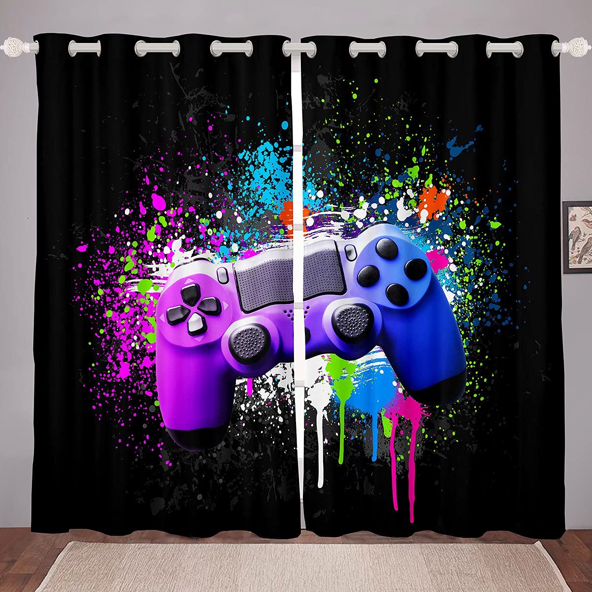 Loussiesd Gaming Bedding Window Drapes Set Kids Boys Game Curtain Teens Video Game Controller Tie Dye Window Drapes Purple Blue Gamer Window Treatments W46*L54 — image 1