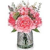 Briful Faux Flowers with Glass Vase Artificial Peony Hydrangea Silk Floral Arrangement Realistic Fake Flowers Bouquet in Vase for Home Office Dining Room Table Centerpiece Mantle Decor(Peach Pink)
