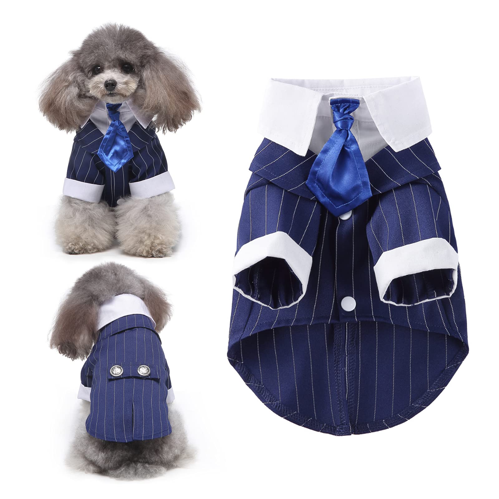 HACRAHO Dog Wedding Tuxedo, 1 Piece Blue Striped Dog Wedding Bow Tie Suit Dog Wedding Formal Suit for Small Cats Dogs Puppy, Chest Girth 18.90"