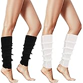 Quilax 2Pair Leg Warmers for Women, Cute Knit Leg Warmers, 80s Ribbed Knitted Long Socks Fluffy Legs Warmer for Ballet Dance Figure Skating Yoga Party(Black and White)