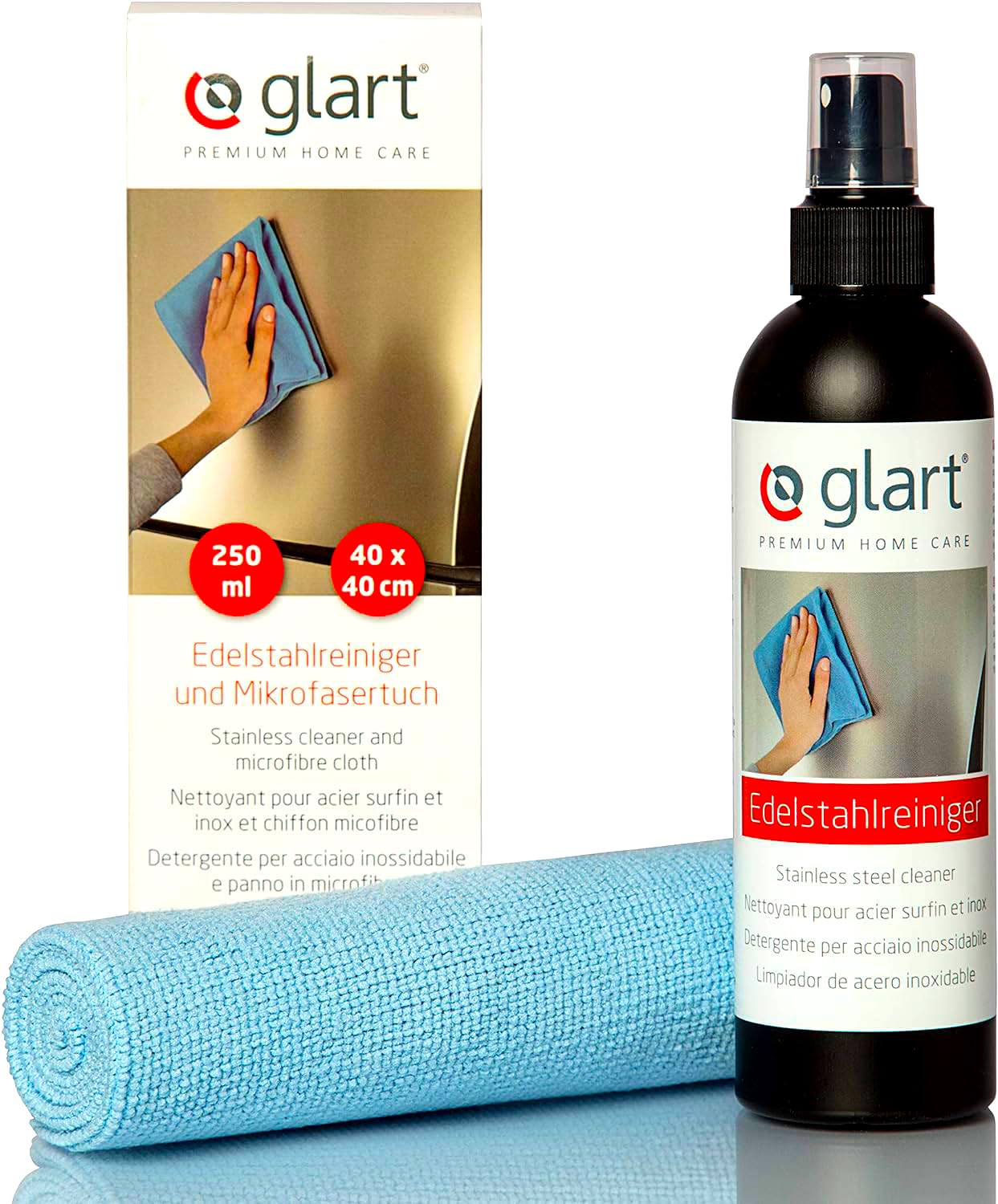 Glart 45ER Stainless Steel Cleaner 250 ml + Microfiber Cloth 40x45 cm - Grease Remover Set for Kitchen, Bathroom, Household, Streak-free for Stainless Steel Front, Fridge, Sink, Stove, Made in Germany