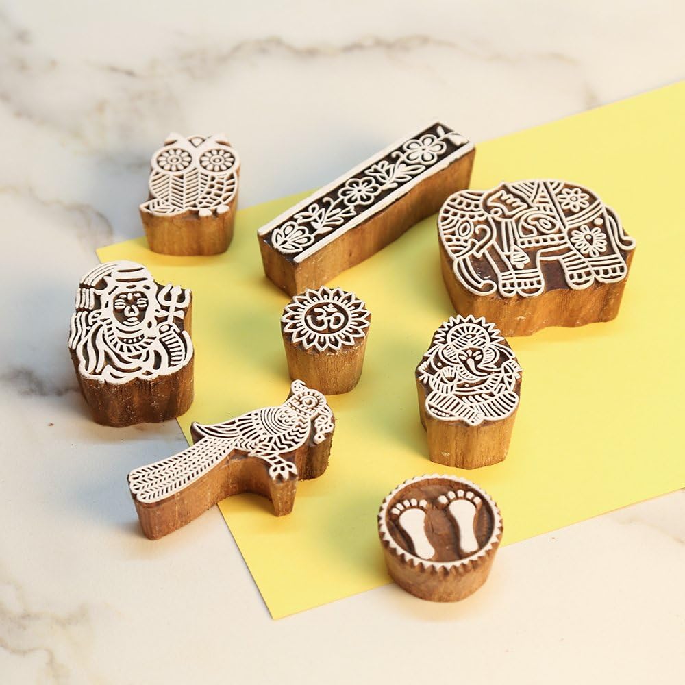 (Set of 8) Mughal Pattern Hand Carved Wooden Printing Stamp Block - Mehandi Printing / Textile Printing / Pottery Crafts / Saree Border Making / Canvas Printing For Home Décor & Gift Items / Diwali Gift