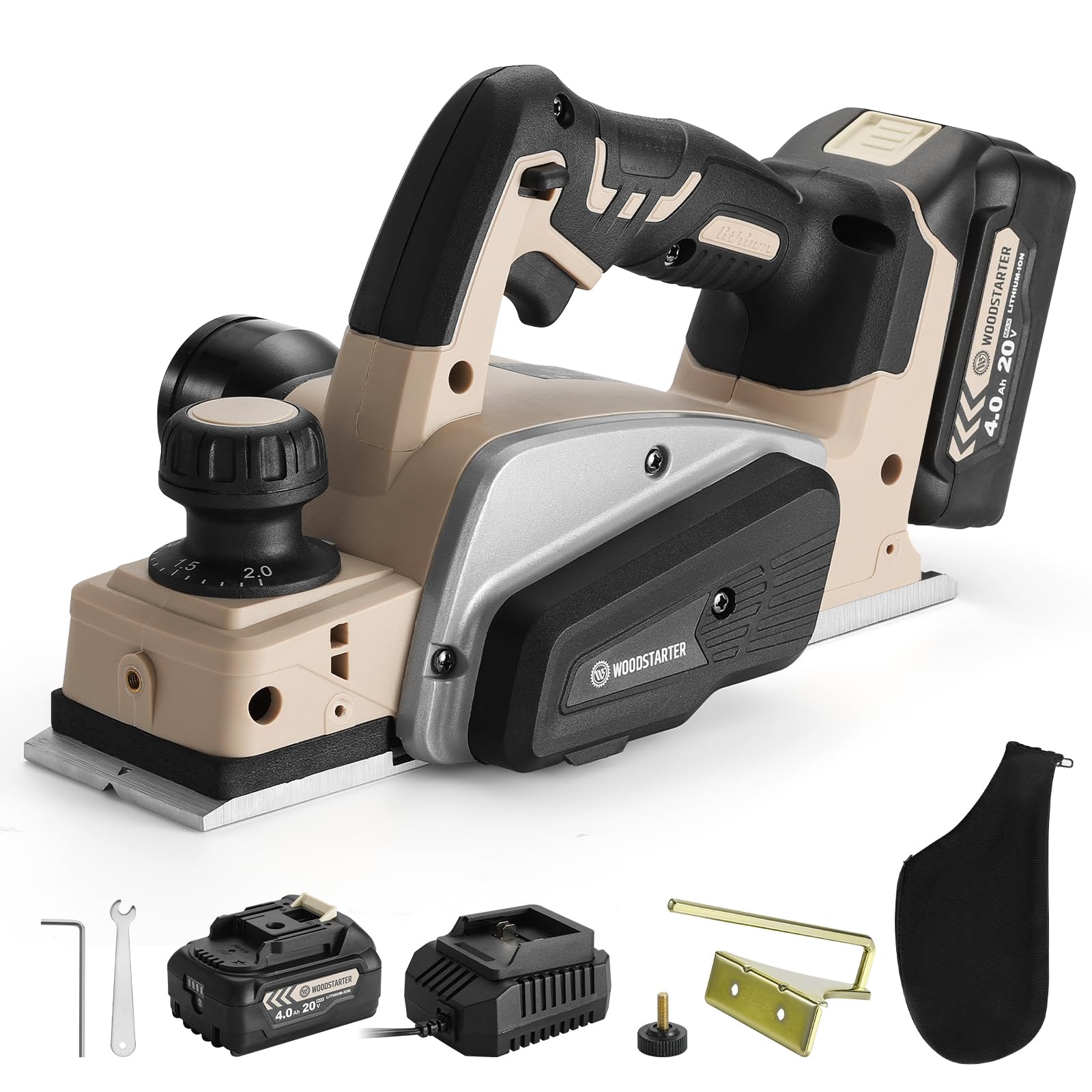 Photo 1 of WOODSTARTER Cordless Electric Hand Planer (Battery&Charger), 15000RPM Brushless Motor, 3-1/4 Inch Planing Width,20V 4.0Ah Battery, Charger, Edge Guide & Dust Bag Included, Ideal for Wood Chamfer