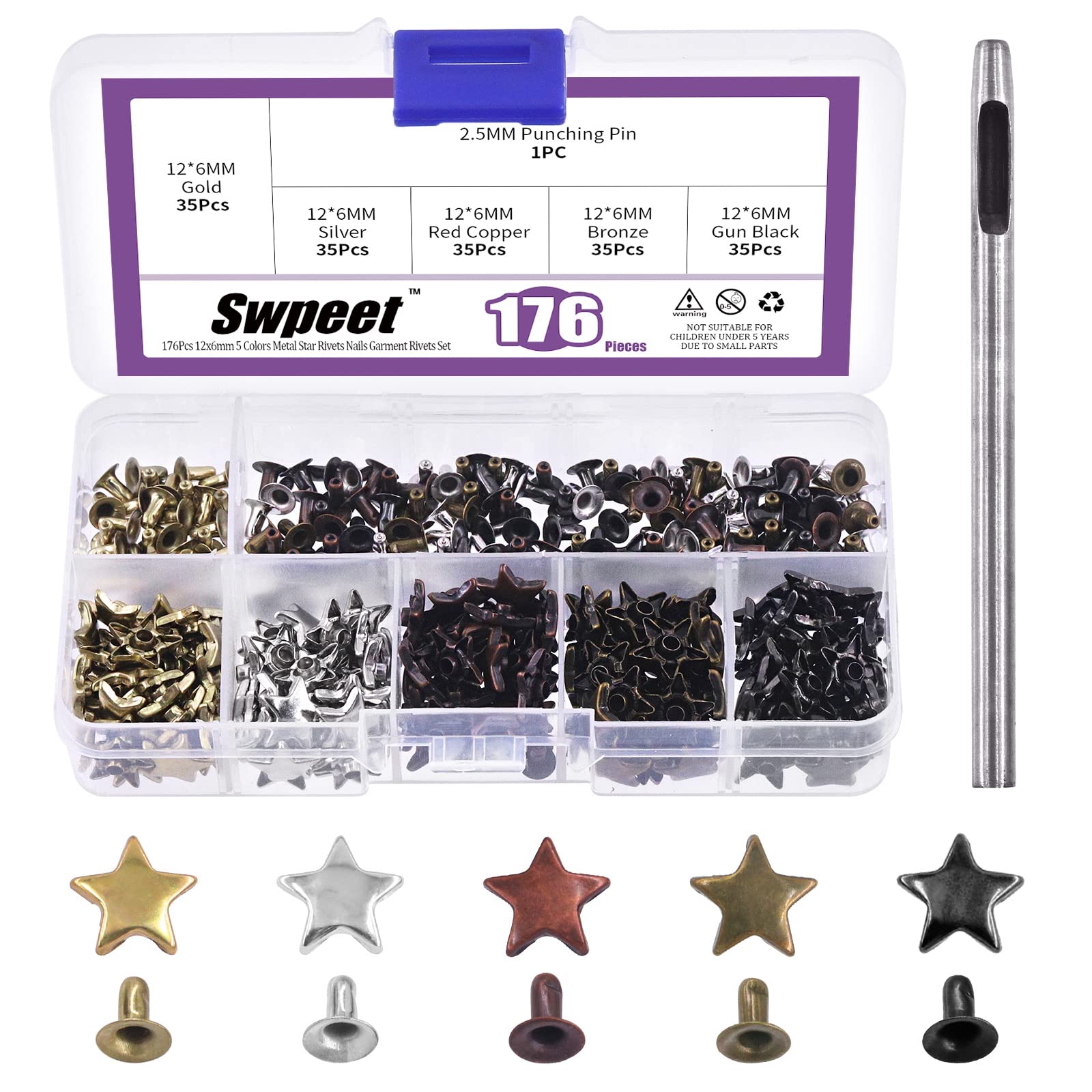 Swpeet 176Pcs 5 Colors 0.47x0.23" - 12x6mm Star Rivets Studs with 2.5mm Hole Punch Tools Assortment Kit, Leather Star Rivet Studs Garment Rivets Leather Rivets Studs and Spikes for Leather Craft