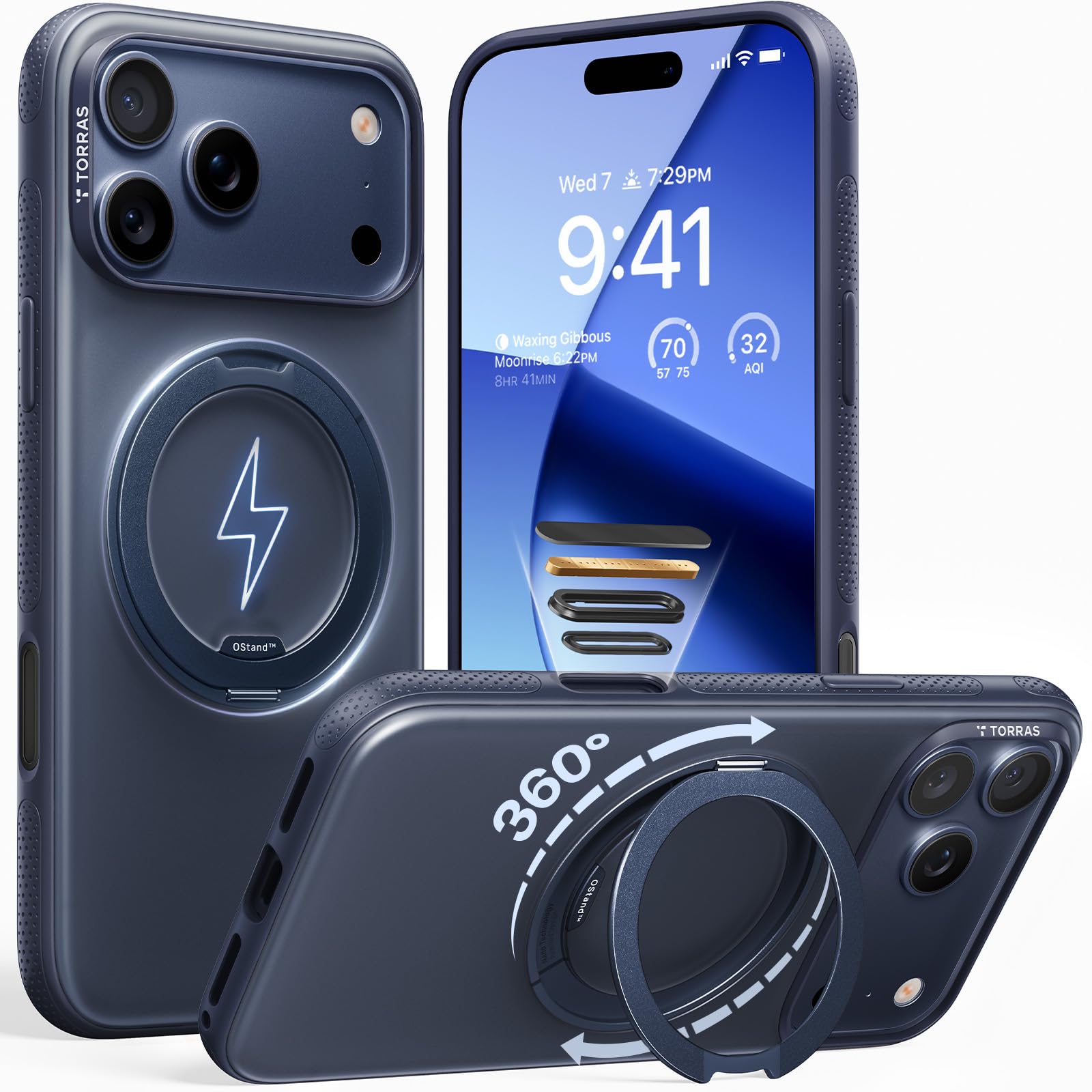 Photo 1 of TORRAS 360 Magnetic Stand for iPhone 17 Pro Case, [Fit for MagSafe] [Rotatable Ring Kickstand] [4X Mil-Grade Shockproof] Slim Phone Cover, Camera Button, Deep Blue, Translucent, Ostand O3 Fitness