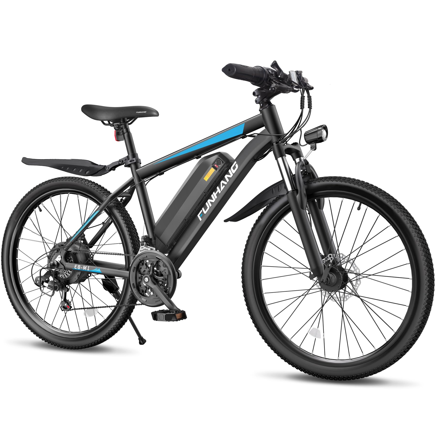 Funhang Bicicleta eléctrica para adultos, bicicleta eléctrica de pico de 1000 W, bicicleta de montaña eléctrica de 50 millas 20 MPH, bicicleta eléctrica para adultos de 26 pulgadas con batería extraíble de 48 V, guardabarros, 7 velocidades, suspensión del