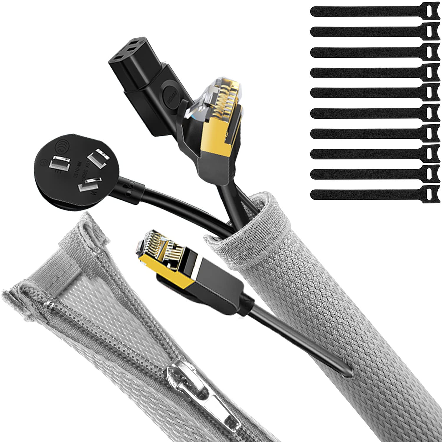 UPXDUMI Cable Tidy Zip Sleeve for PC/TV, 20mm - 1.2m Desk Cable Management Organisers, Wire Tidy Loom Tube Cord Wrap Protector with 10 PCS Reusable Cable Ties for Home, Office, 50+70cm, Grey Silver