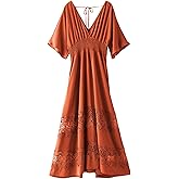 Olaesa Women's Lace Maxi Dress Short Sleeve V Neck Party Dress Smocked Waist Boho Maxi Dress Bohemian Dress for Women