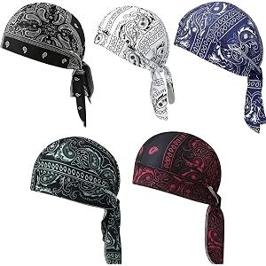 Gvblov Paisley Cooling Headscarf Cap Set – 5 Pack Breathable Sweat Wicking Durag, Lightweight Stretch Bandana Beanie for Outd