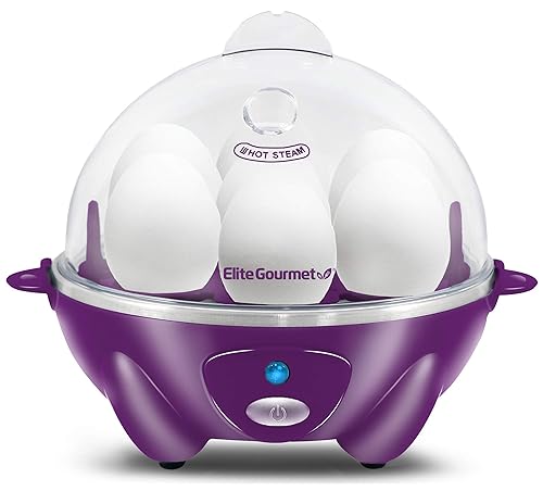 Elite Gourmet EGC700P# Rapid Egg Cooker, 7 Easy-To-Peel, Hard, Medium, Soft Boiled Eggs, Poacher, Omelet Maker, Auto Shut-Off, Alarm, 16-Recipe Booklet, BPA-Free, Eggplant